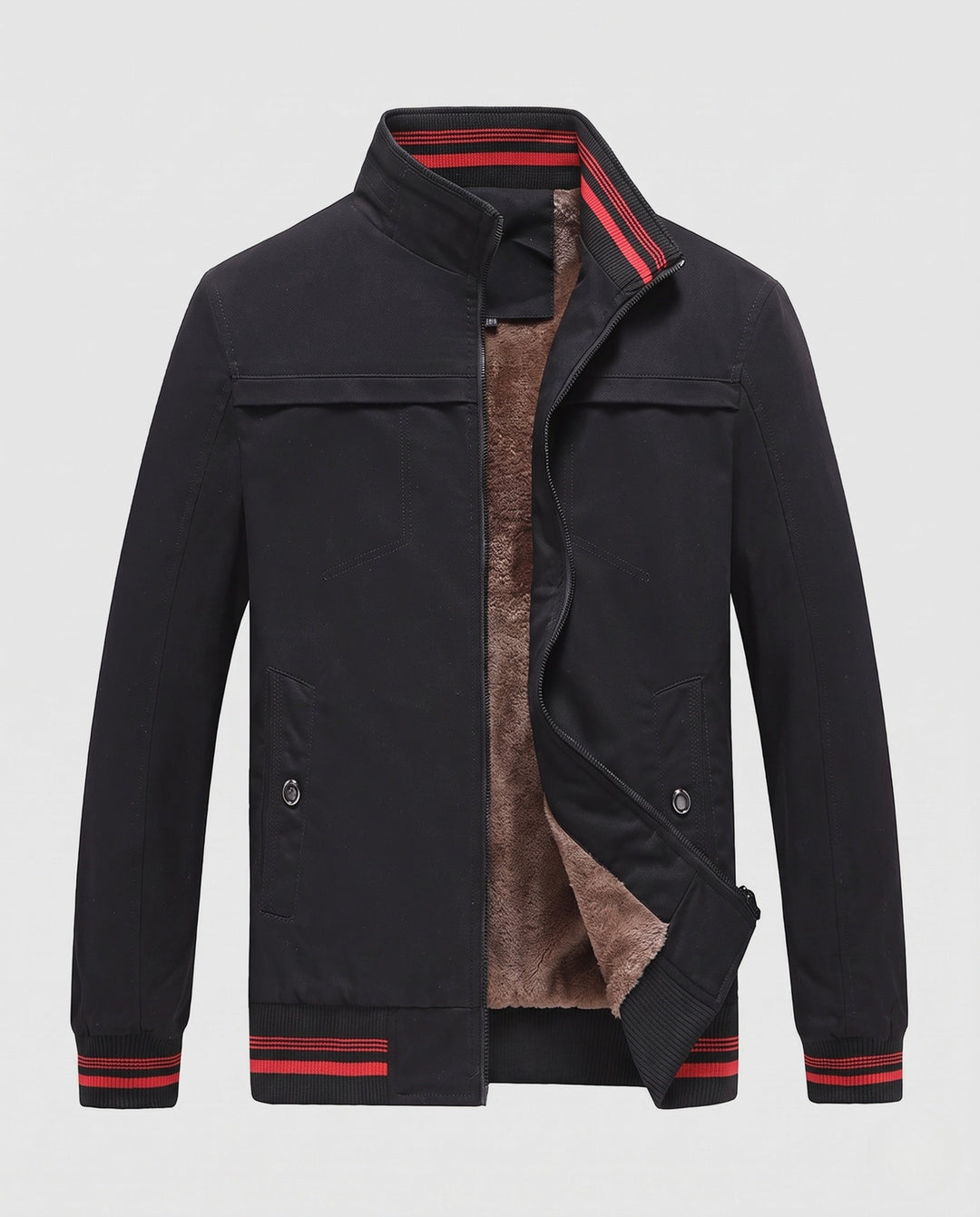 Herr Värmande Canvas Bomber med värming teddy fleecefoder, ståkrage och contrasting ribbad fålls