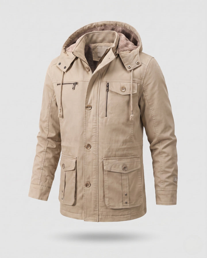 Herr värmer funktion field parka med teddyfoder, huva, och flera fickor