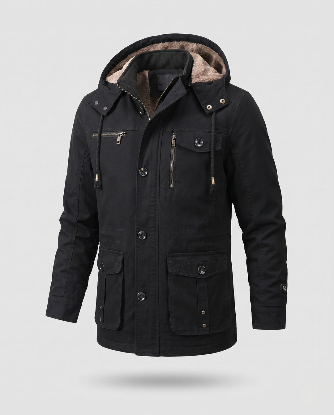 Herr värmer funktion field parka med teddyfoder, huva, och flera fickor