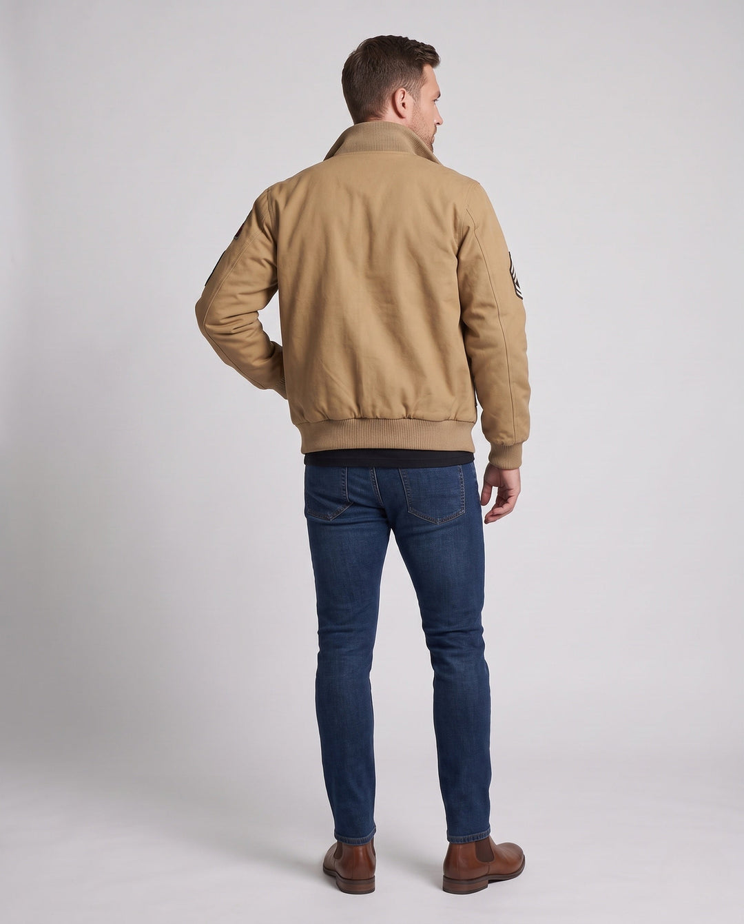 Herr canvas pilot jacka med värm Sherpa foder, hög stickad krage, och vintage patch detaljer