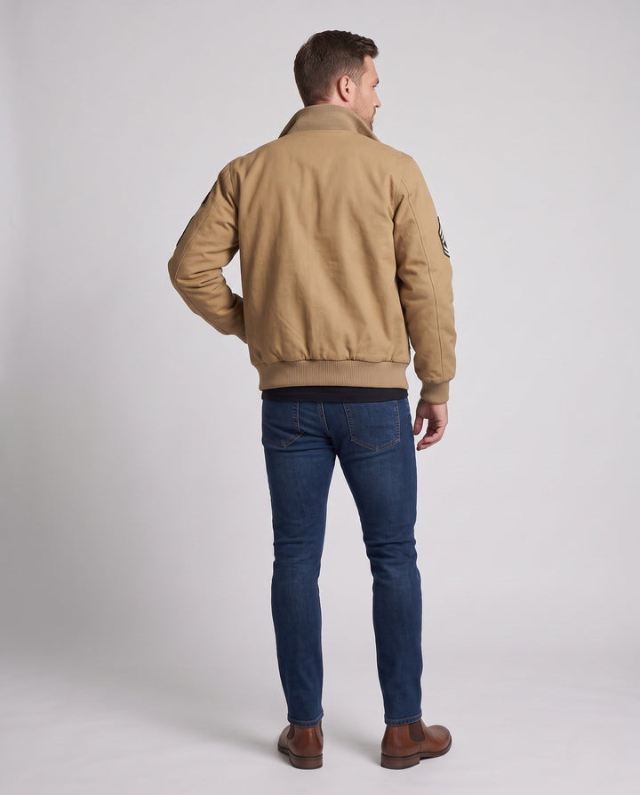 Herr canvas pilot jacka med värm Sherpa foder, hög stickad krage, och vintage patch detaljer