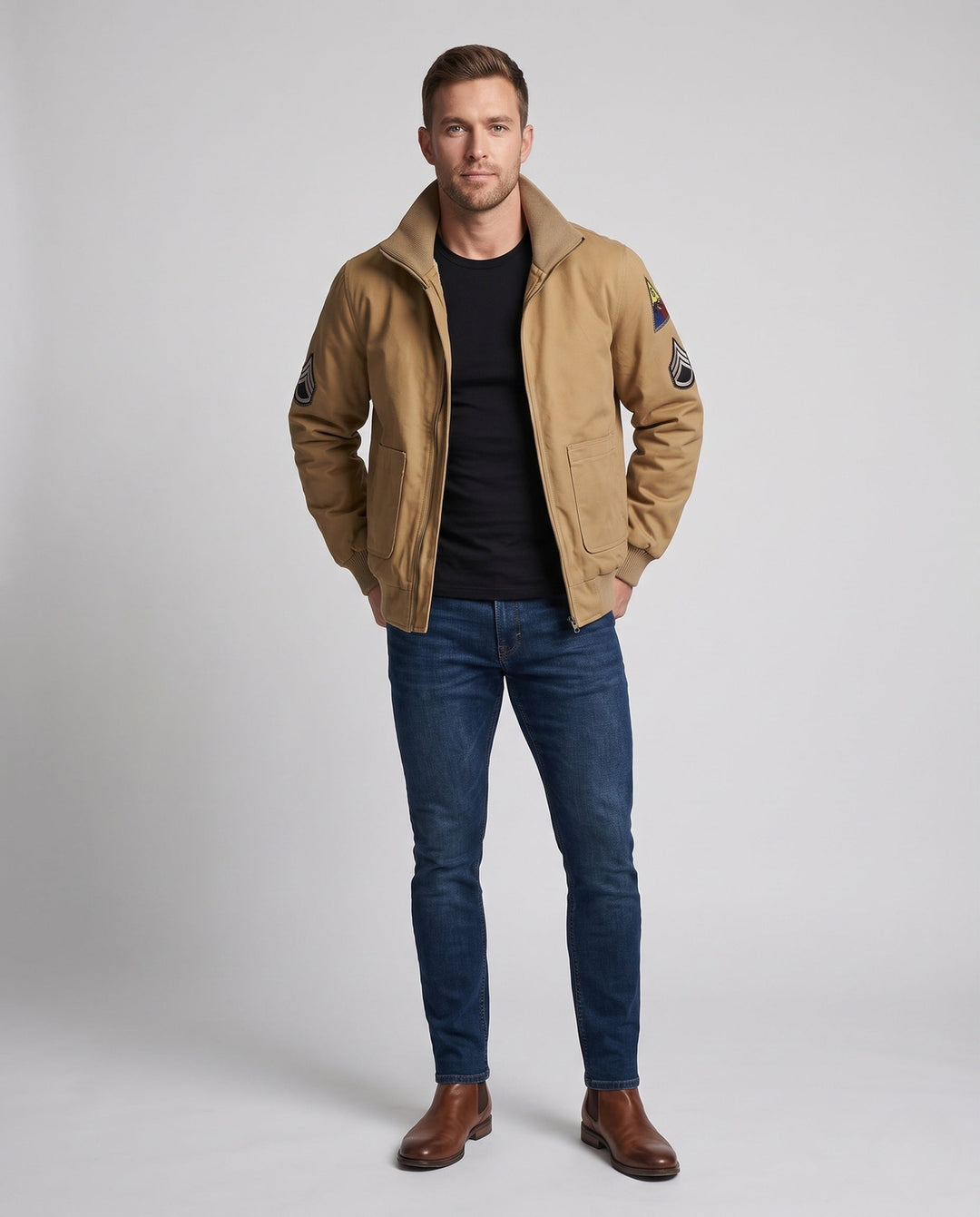 Herr canvas pilot jacka med värm Sherpa foder, hög stickad krage, och vintage patch detaljer
