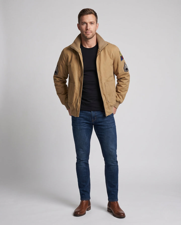 Herr canvas pilot jacka med värm Sherpa foder, hög stickad krage, och vintage patch detaljer