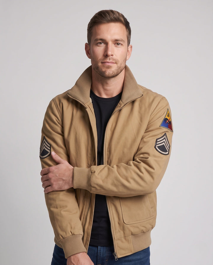 Herr canvas pilot jacka med värm Sherpa foder, hög stickad krage, och vintage patch detaljer