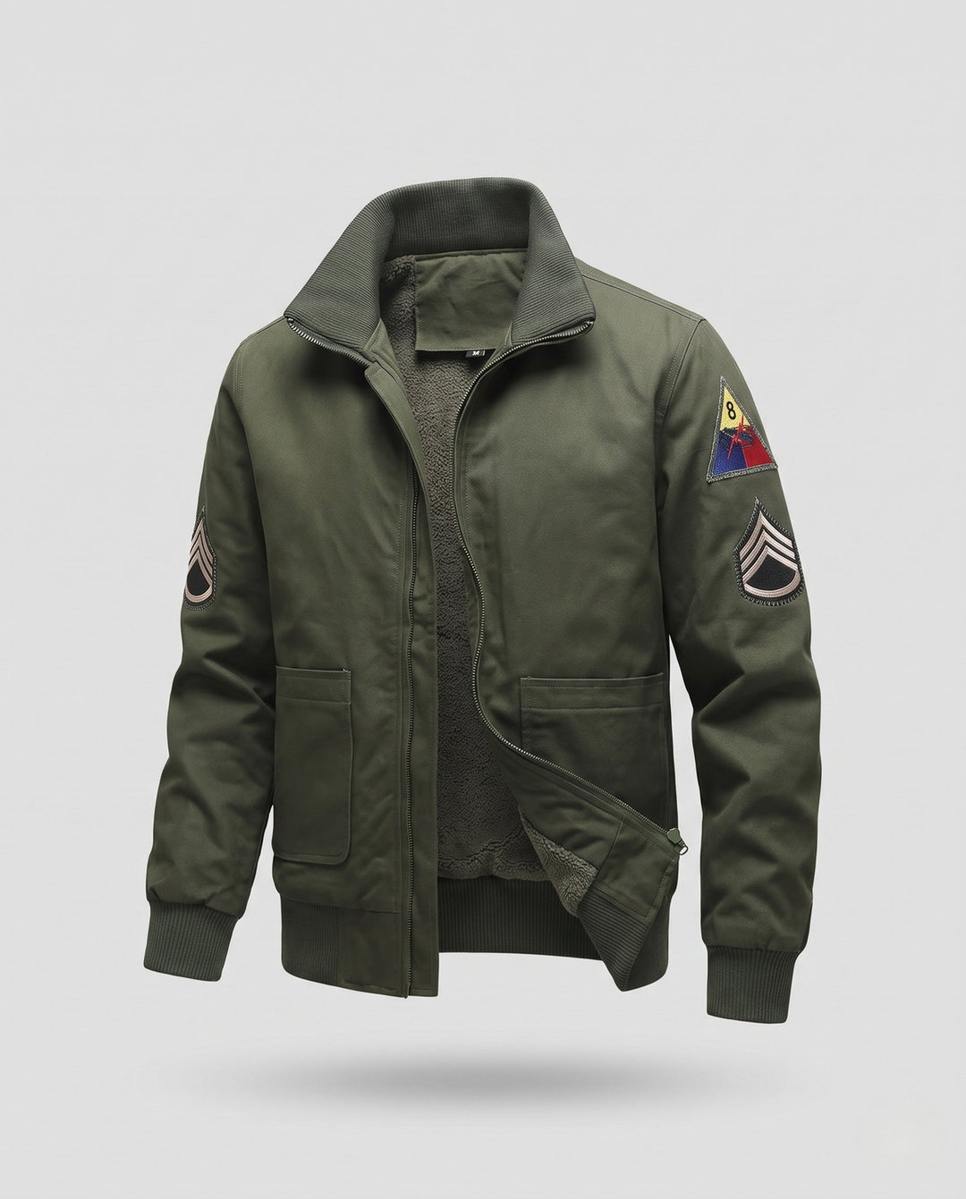 Herr canvas pilot jacka med värm Sherpa foder, hög stickad krage, och vintage patch detaljer