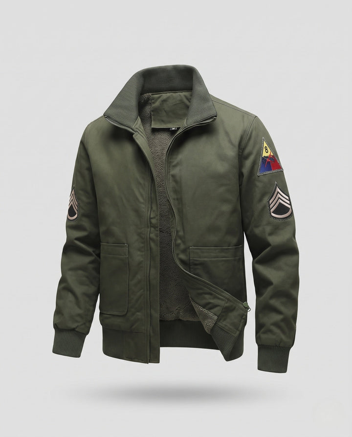 Herr canvas pilot jacka med värm Sherpa foder, hög stickad krage, och vintage patch detaljer