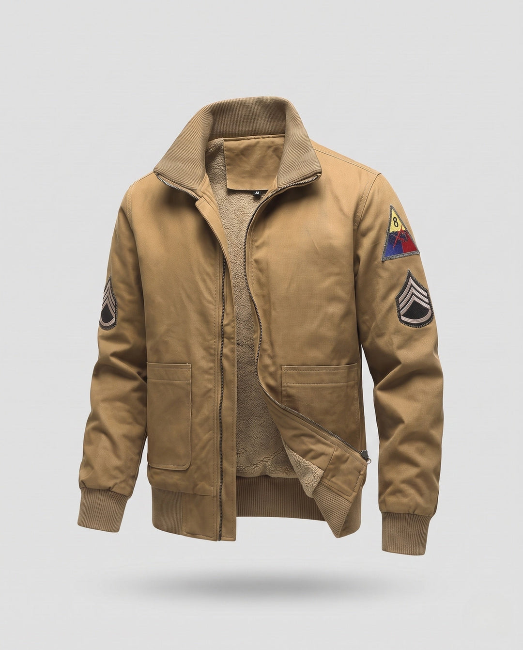 Herr canvas pilot jacka med värm Sherpa foder, hög stickad krage, och vintage patch detaljer