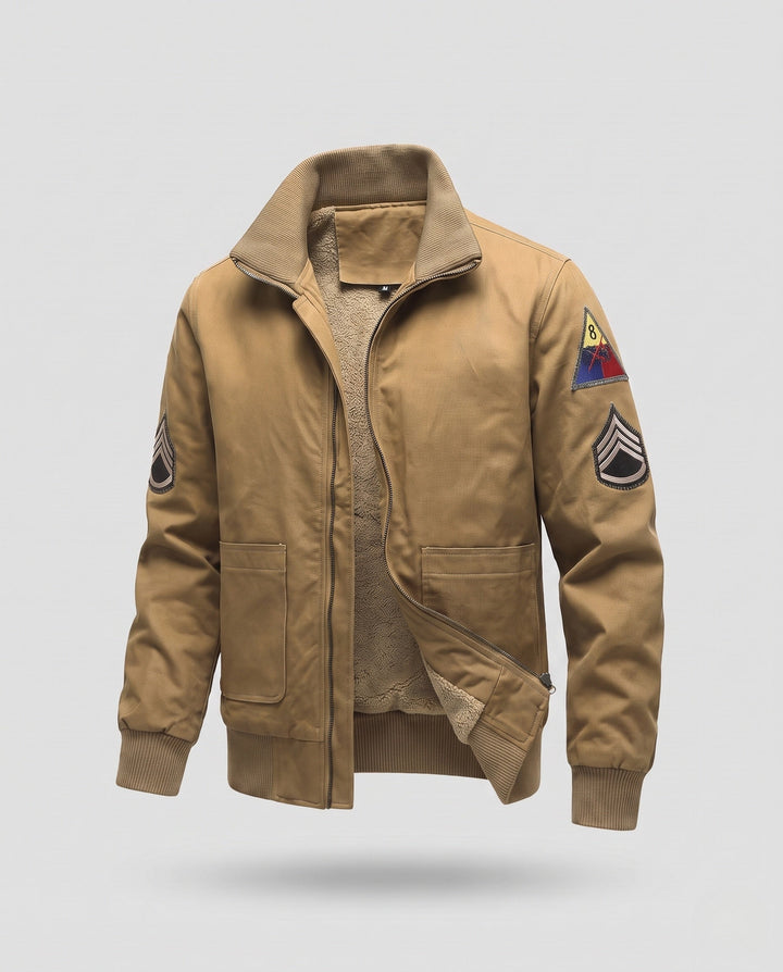 Herr canvas pilot jacka med värm Sherpa foder, hög stickad krage, och vintage patch detaljer