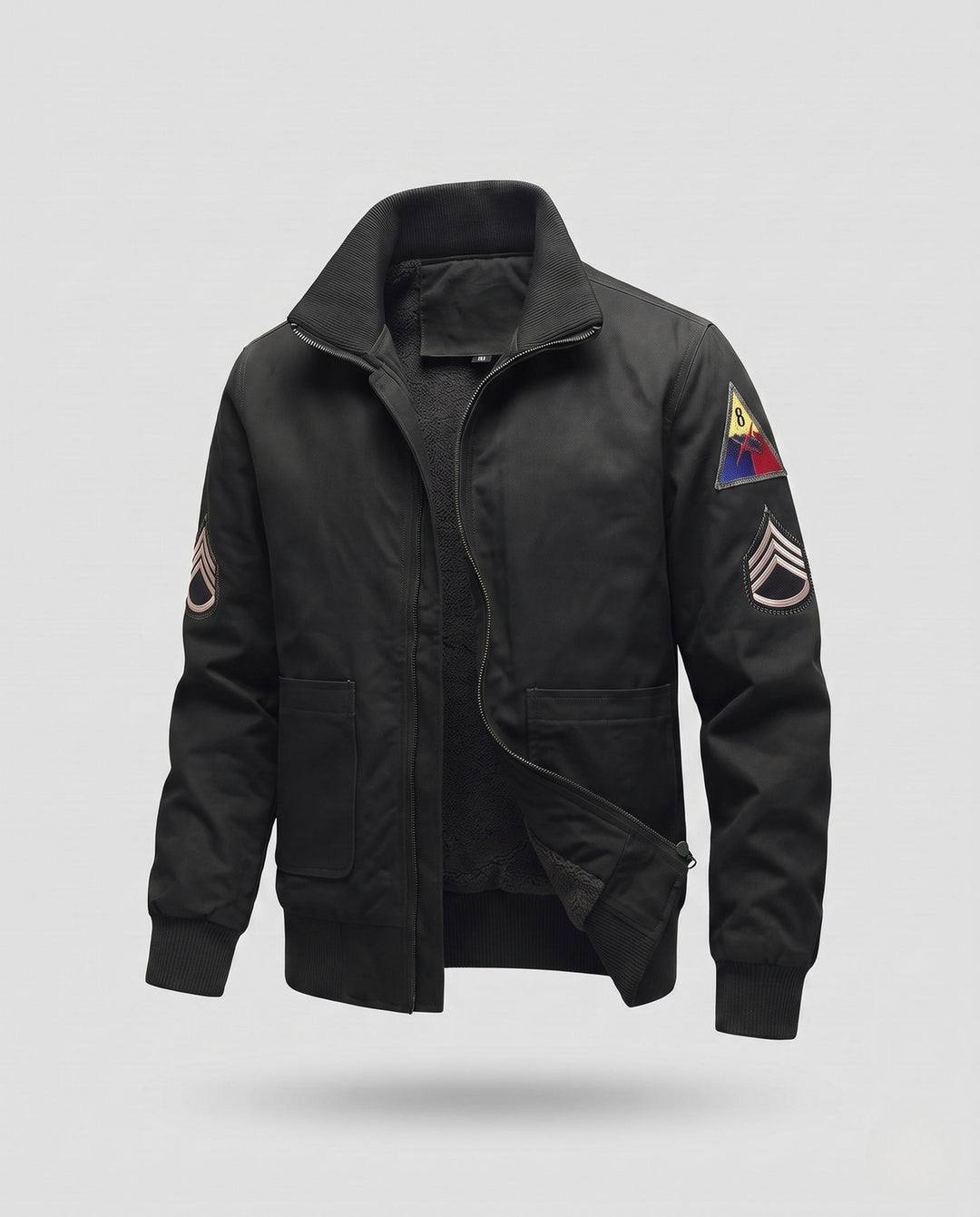 Herr canvas pilot jacka med värm Sherpa foder, hög stickad krage, och vintage patch detaljer
