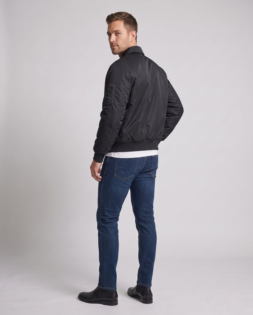 Herr Ljus nylon Bomber i Aviator Funktion Design med ärm Ficka och ribbad fåll
