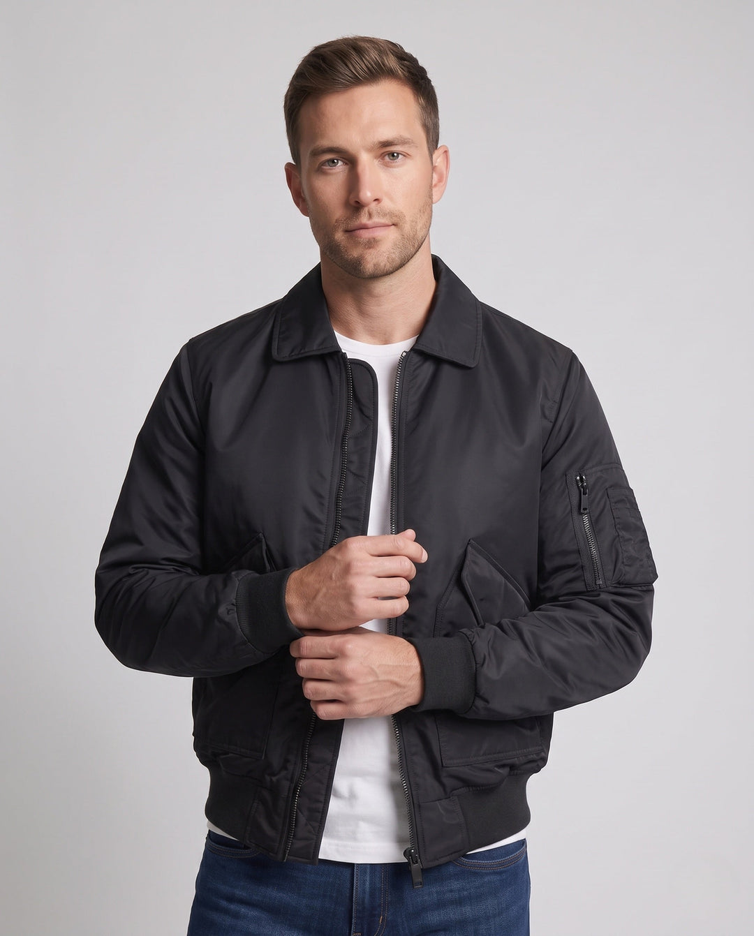 Herr Ljus nylon Bomber i Aviator Funktion Design med ärm Ficka och ribbad fåll