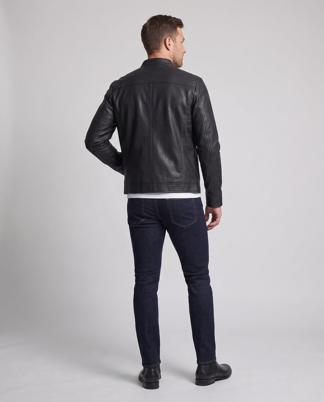 Herr skräddad läderlook blouson i racer minimal stil med ståkrage och dold dragkedja