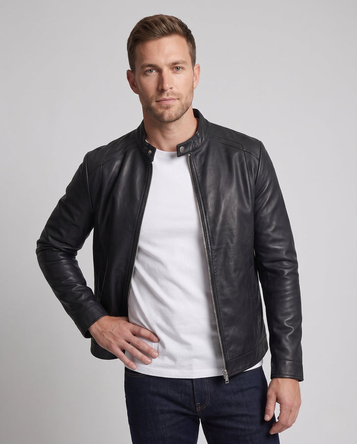Herr skräddad läderlook blouson i racer minimal stil med ståkrage och dold dragkedja