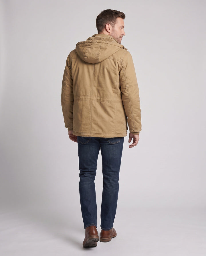 Herr värmer canvas parka med teddyfoder huva och flera fickor