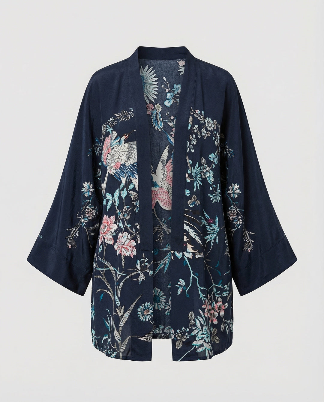 Dam Lätt Kimono Jacka med Blommig All-Over Tryck, Open Front och Wide 3/4 Ärmar