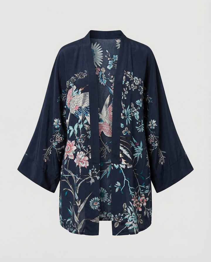 Dam Lätt Kimono Jacka med Blommig All-Over Tryck, Open Front och Wide 3/4 Ärmar
