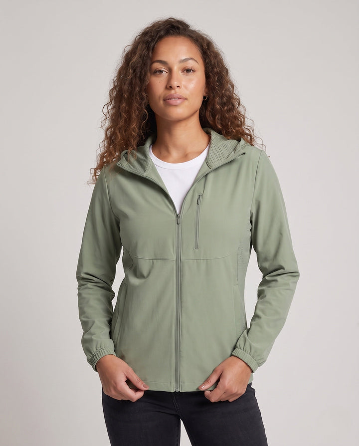 Dam lätt outdoorjacka med andningsbar inserts och justerbar huva design