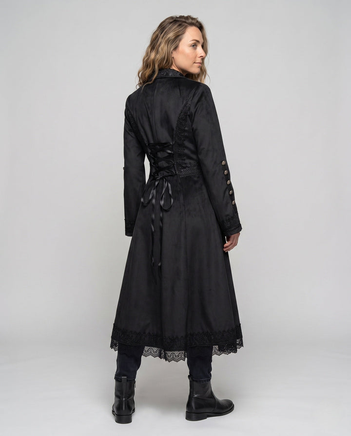 Dam elegant steampunk jacka med spets embellishments och asymmetrical fåll