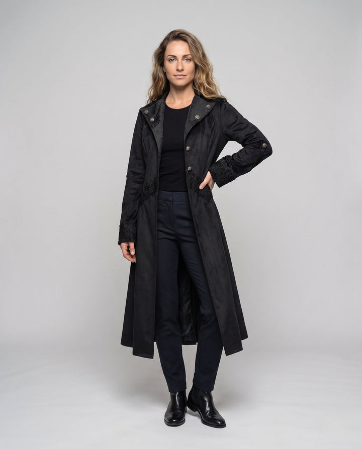 Dam elegant steampunk jacka med spets embellishments och asymmetrical fåll