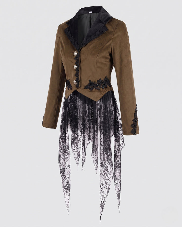 Dam elegant steampunk jacka med spets embellishments och asymmetrical fåll