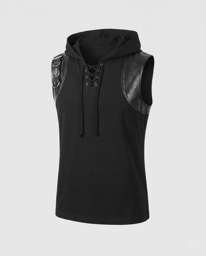 Dam med huva västar med läder accents och lacing