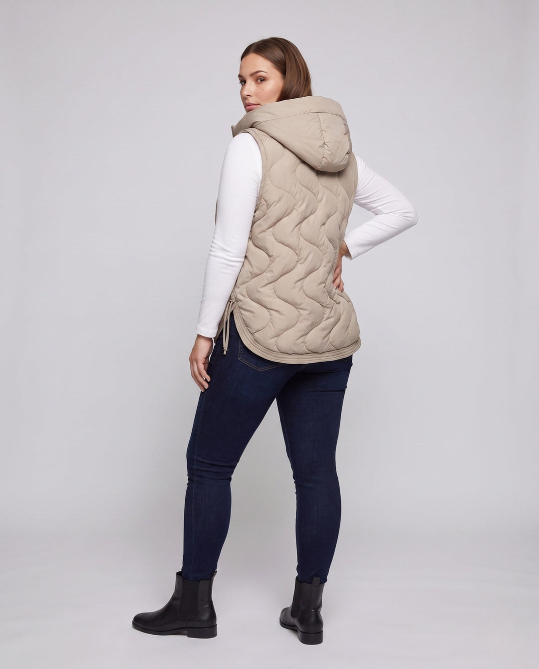 Dam Sleeveless Quiltad Väst med Huva Kant, Wave Quilting och Justerbar Drawstring