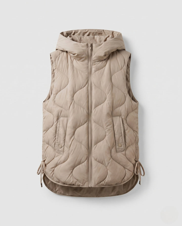 Dam Sleeveless Quiltad Väst med Huva Kant, Wave Quilting och Justerbar Drawstring