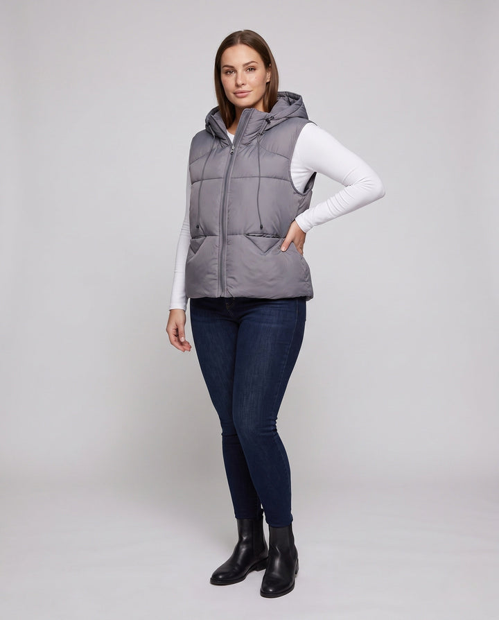Dam Sleeveless Thermo Quiltad Väst med med Huva Yoke, Dold Dragkedja och Justerbar Drawstring.