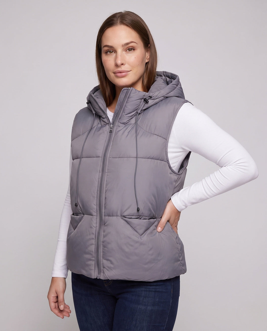 Dam Sleeveless Thermo Quiltad Väst med med Huva Yoke, Dold Dragkedja och Justerbar Drawstring.