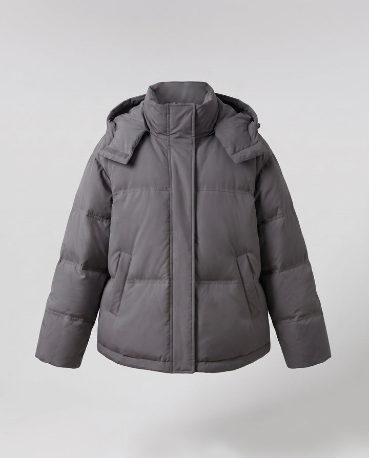 Dam Boxig Vadderad Kort Quiltad Anorak med Ergonomisk Huva Kant och Extra Stora Lock Fickor
