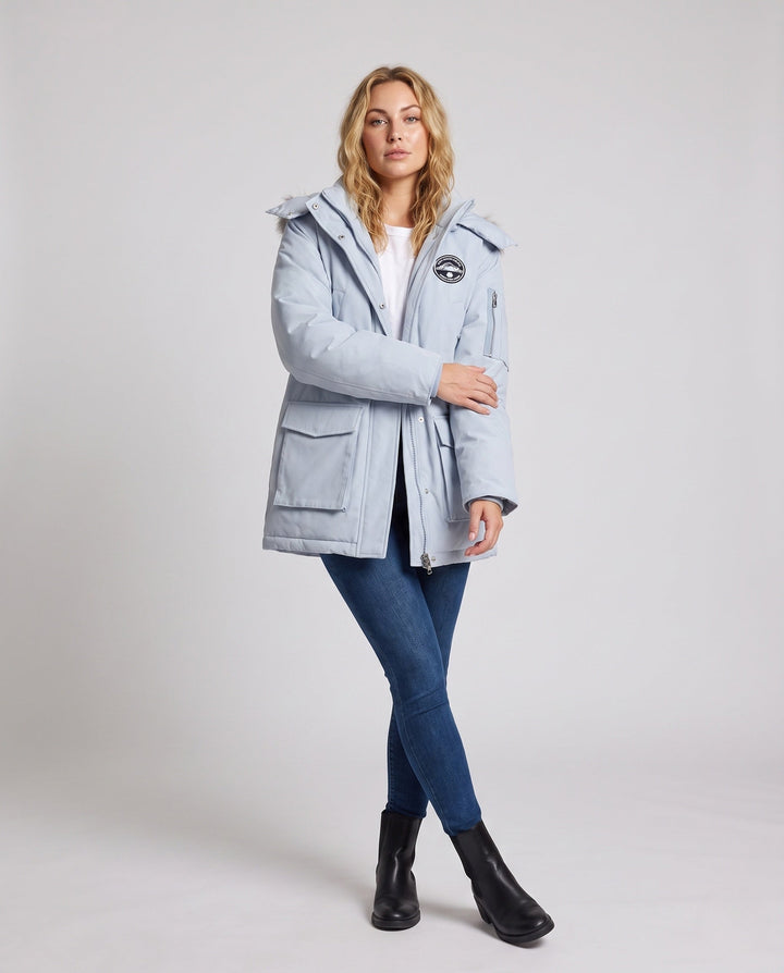 Dam Funktionell Kort Parka med Avtagbar Faux Fur Huva och Utility Fickor
