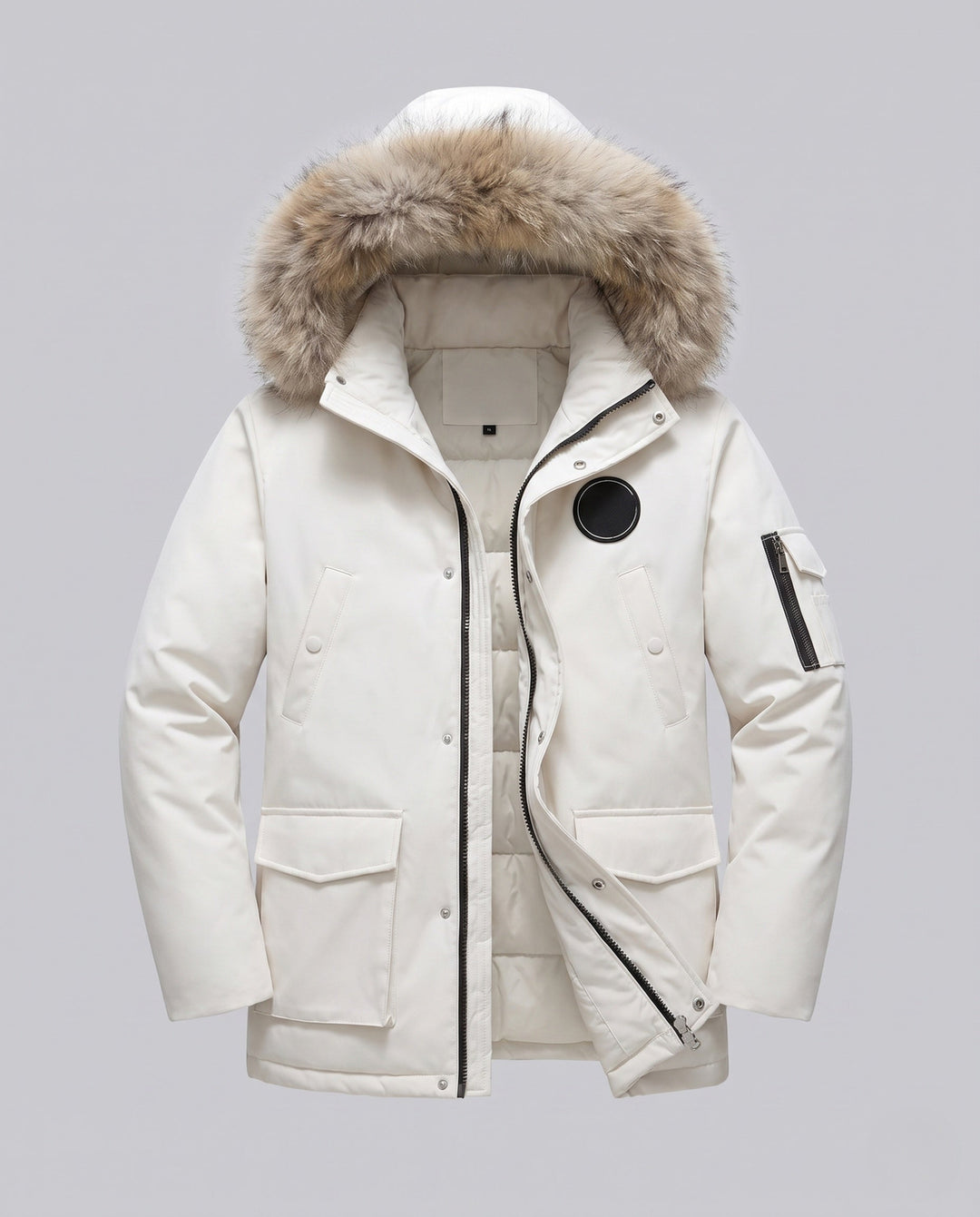 Dam Funktionell Kort Parka med Avtagbar Faux Fur Huva och Utility Fickor