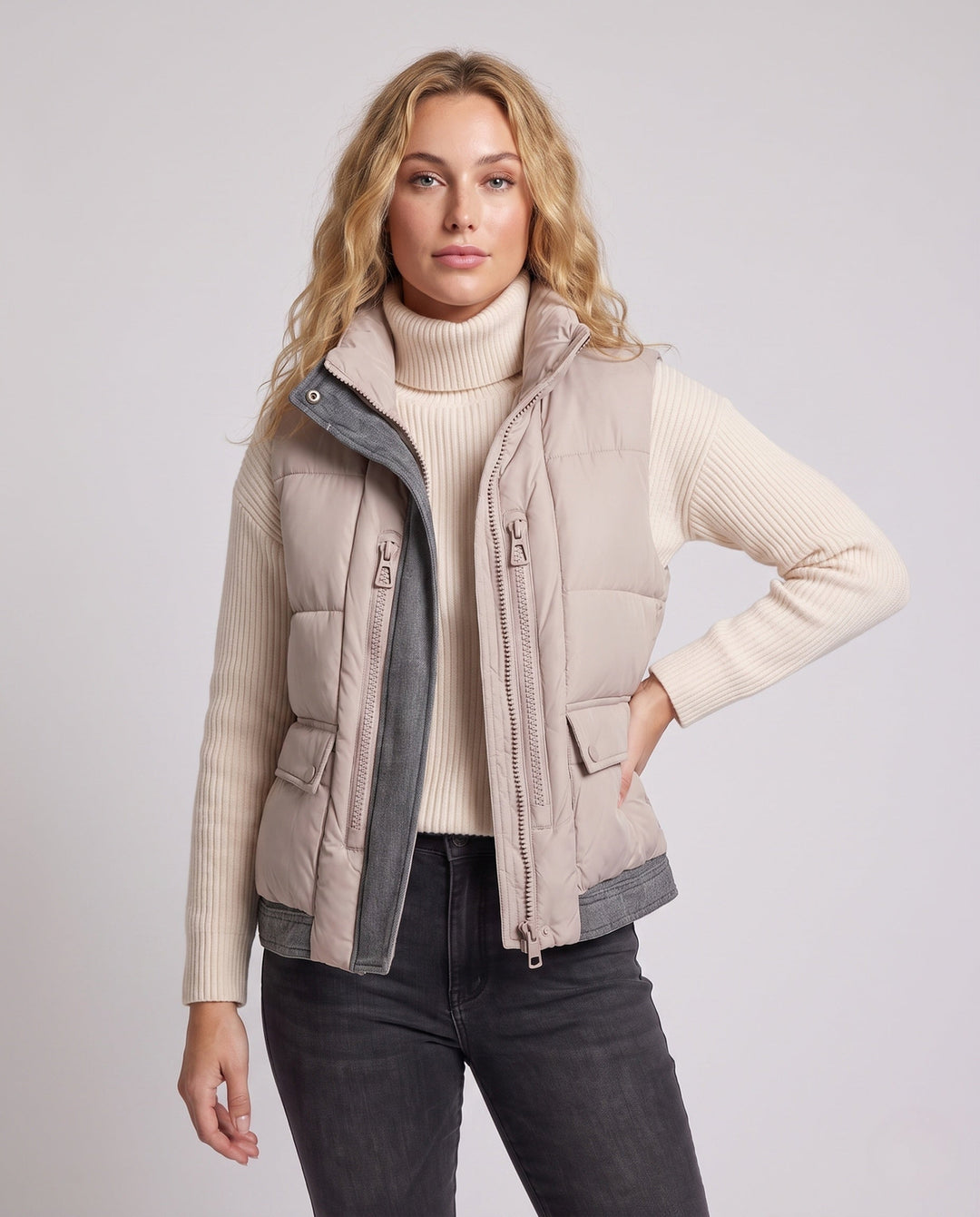 Dam Quiltad Sleeveless Quiltad Väst med Hög Krage, Jeans-Look Inner Lock och Dold Dragkedja Fickor