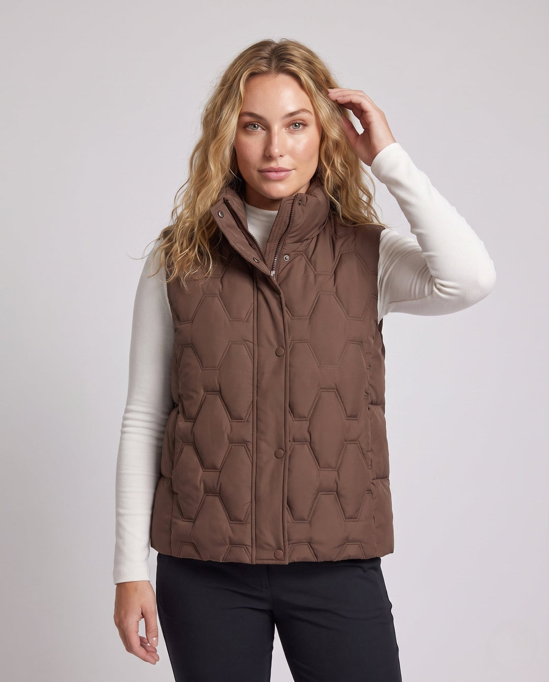 Dam Quiltad Sleeveless Thermoväst med Hög Stå Krage och Dold Tryckknapp Knapp Knäppning