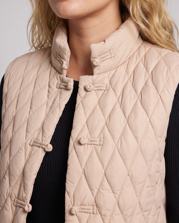 Dam Quiltad Sleeveless Jacka med Mandarin Krage och Dekorativ Knot Closures