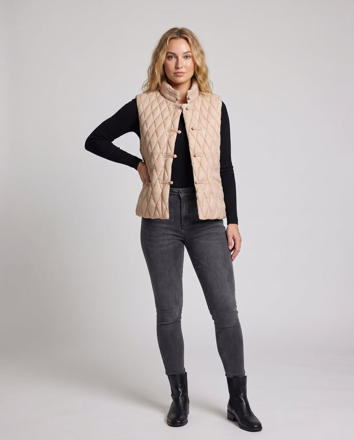 Dam Quiltad Sleeveless Jacka med Mandarin Krage och Dekorativ Knot Closures