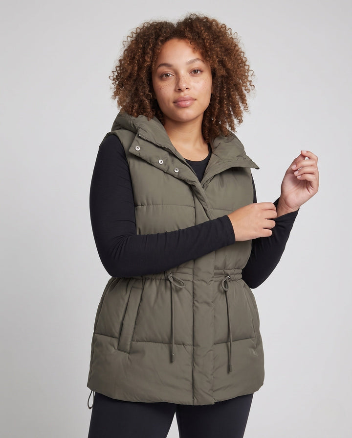 Dam Quiltad med Huva Väst med Waist Drawstring, Vadderad Termisk Filling, och Generous Side Fickor