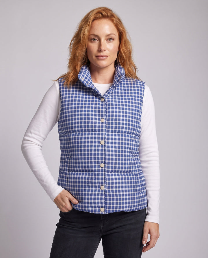 Dam Quiltad Check Mönster Väst med Hög Stå Krage, Oversize Skärning och Tryckknapp Knapp Knäppning