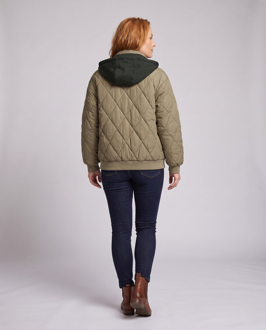 Dam Oversize Kort Jacka med Diamant Quilting, Stå Krage, och Lock Fickor