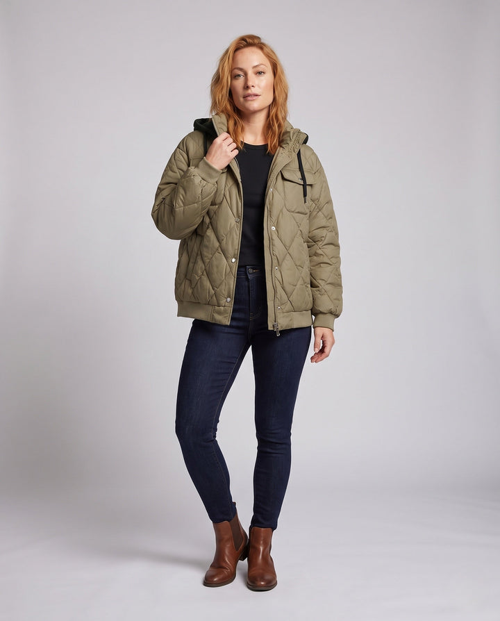Dam Oversize Kort Jacka med Diamant Quilting, Stå Krage, och Lock Fickor