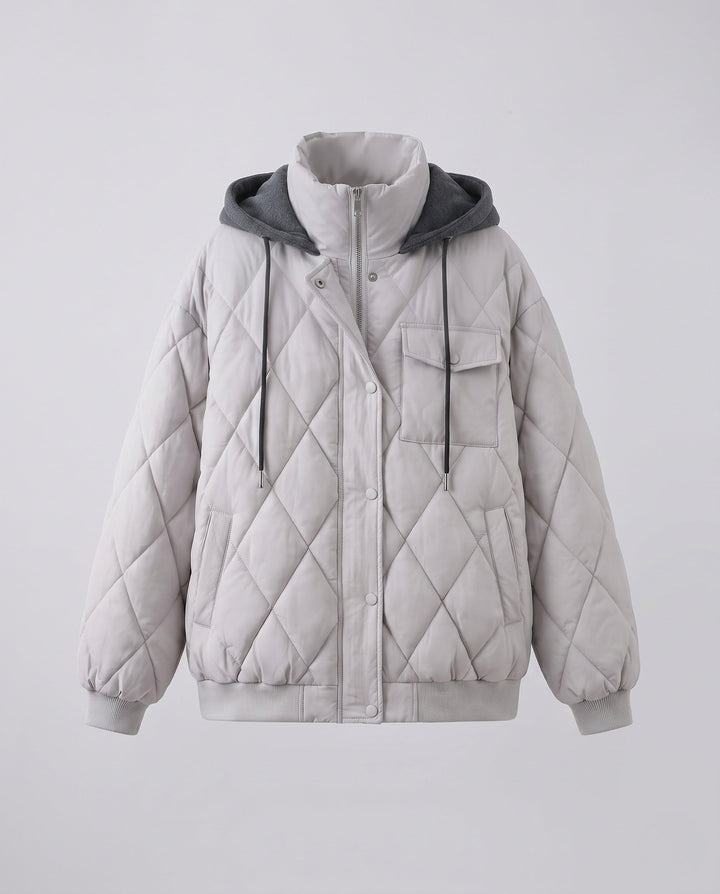 Dam Oversize Kort Jacka med Diamant Quilting, Stå Krage, och Lock Fickor