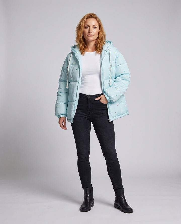 Dam Non-Quiltad Oversize Vadderad Jacka med Colorful Prick Appliqués och Huva
