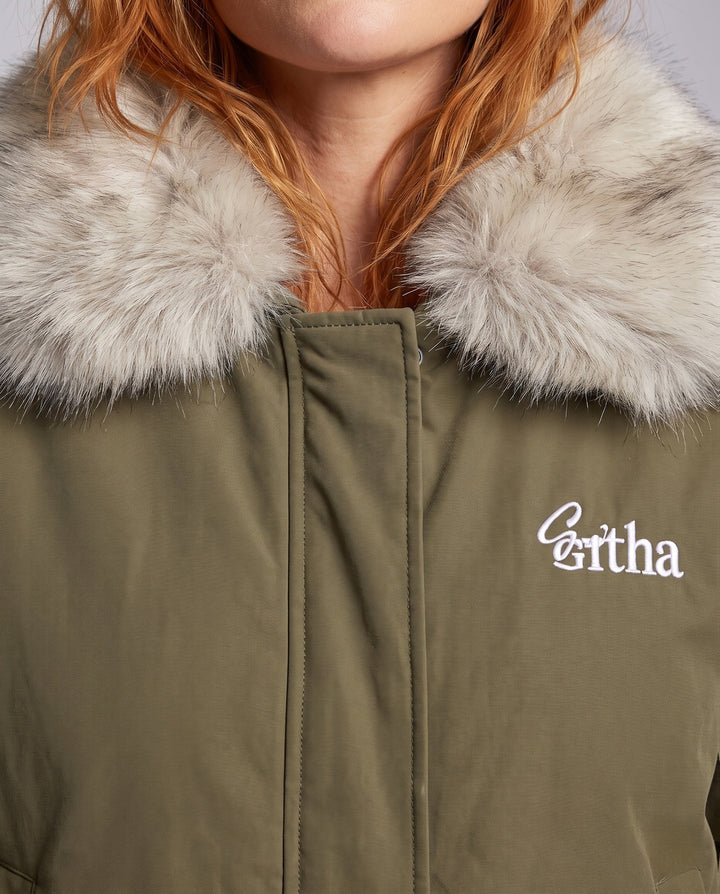Dam Quiltad Thermo med Huva Jacka med Avtagbar Faux Fur Kant, Dold Dragkedja, och Ribbed Muddar