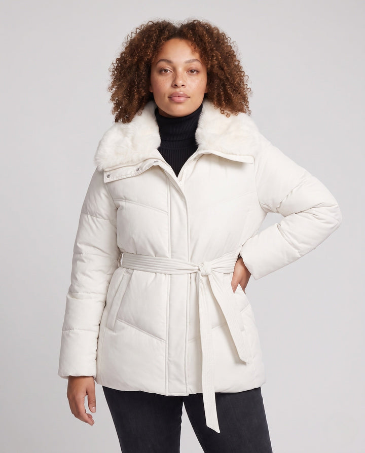 Dam Quiltad Vinterjacka med Belted Waist och Avtagbar Faux Fur Huva