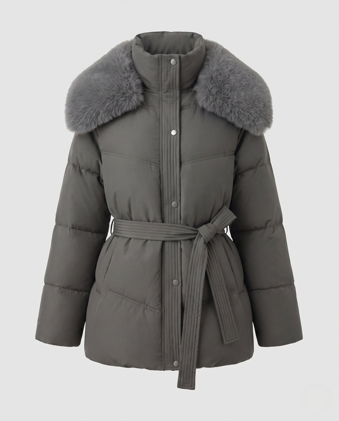 Dam Quiltad Vinterjacka med Belted Waist och Avtagbar Faux Fur Huva