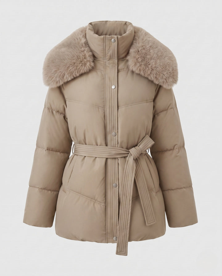 Dam Quiltad Vinterjacka med Belted Waist och Avtagbar Faux Fur Huva