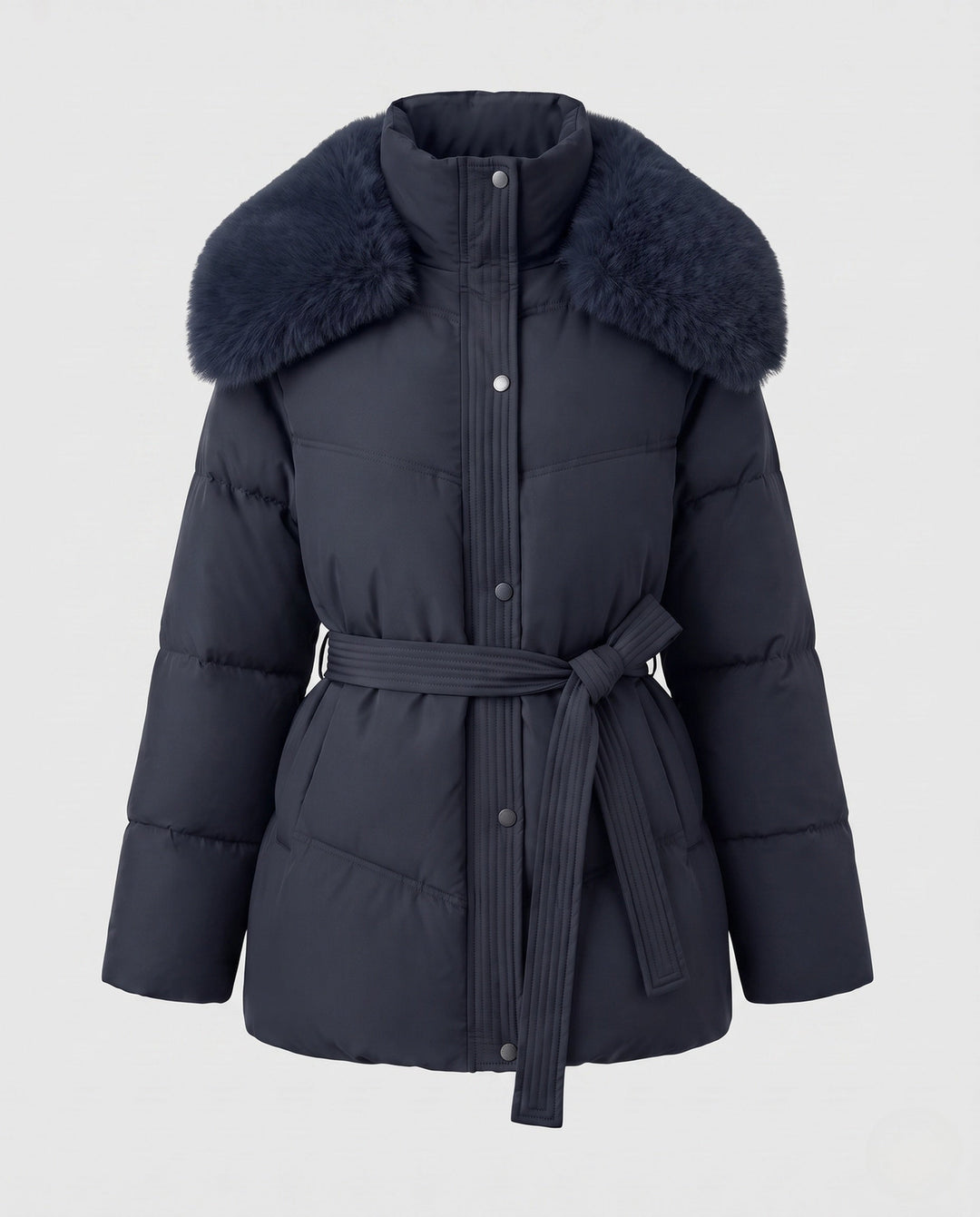 Dam Quiltad Vinterjacka med Belted Waist och Avtagbar Faux Fur Huva