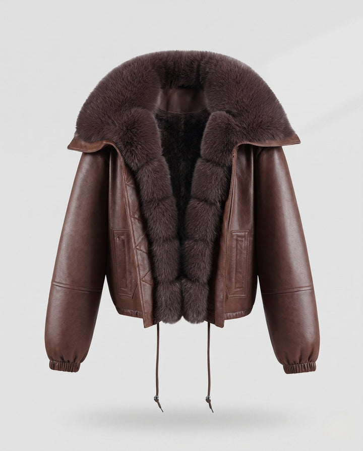 Dam Nano Kort Flight Jacka i Lambskin Look med Voluminous Faux Fur Krage och Drawstring