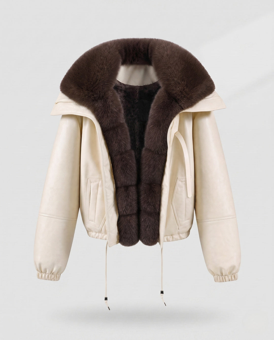 Dam Nano Kort Flight Jacka i Lambskin Look med Voluminous Faux Fur Krage och Drawstring