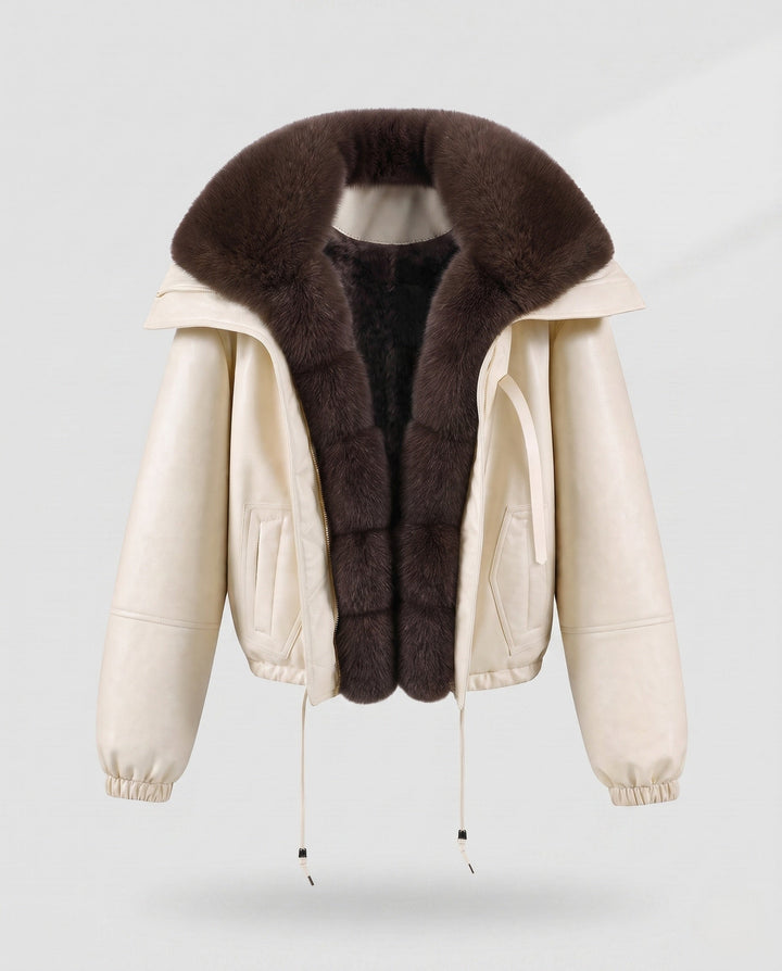 Dam Nano Kort Flight Jacka i Lambskin Look med Voluminous Faux Fur Krage och Drawstring